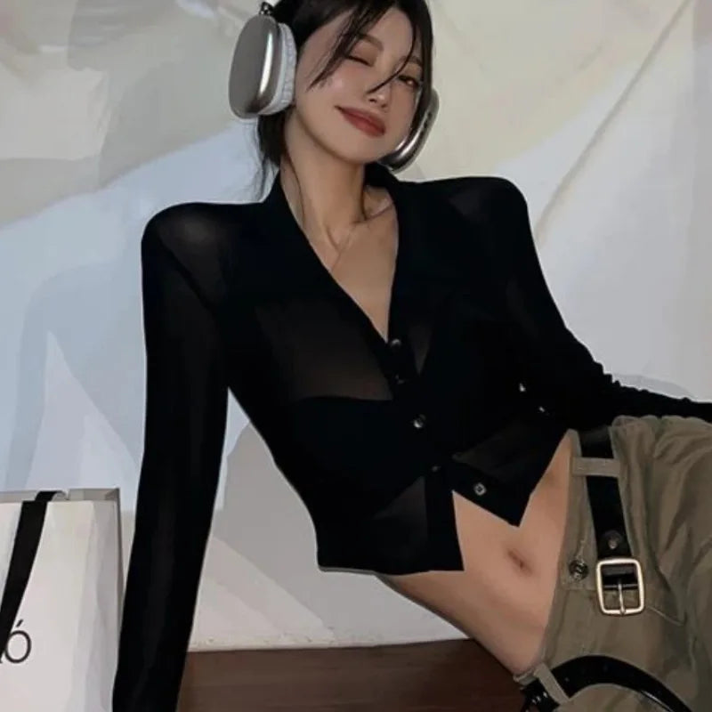 Streetwear Shirts for Women Turn-down Collar Young Students Fashion Clothing All-match Spring Summer Tops Sheer Thin Ins 2025