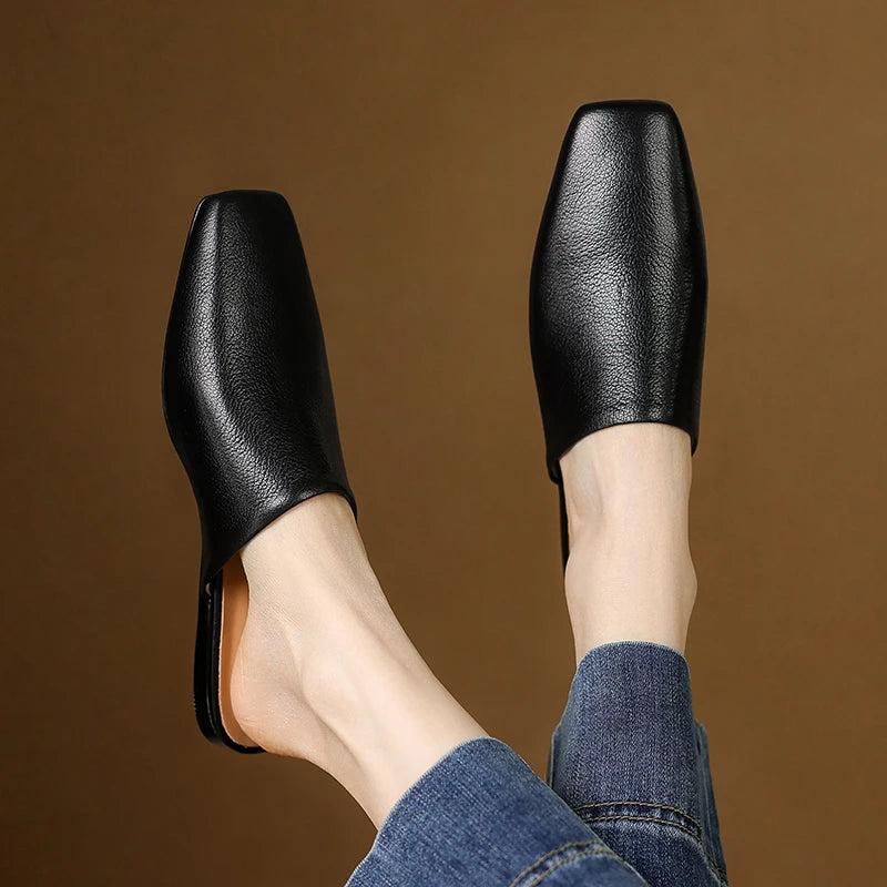 2026 Summer Women Shoes Square Toe Flat Shoes Slippers Fashion Cowhide Leather Shoes for Women Casual Mules for Women Sandals