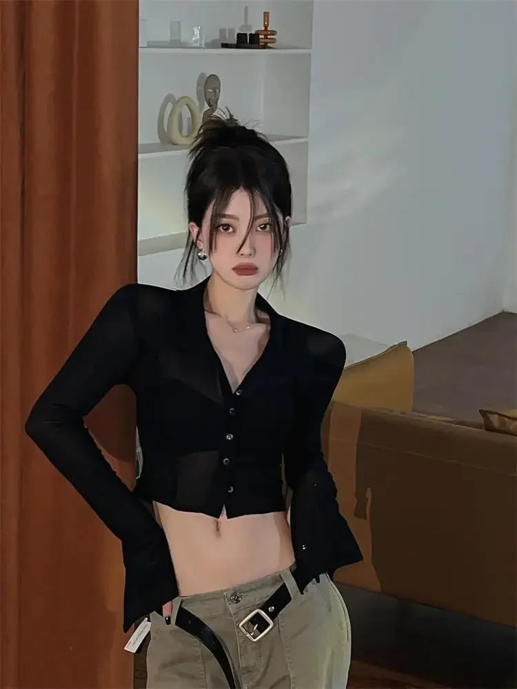 Streetwear Shirts for Women Turn-down Collar Young Students Fashion Clothing All-match Spring Summer Tops Sheer Thin Ins 2025