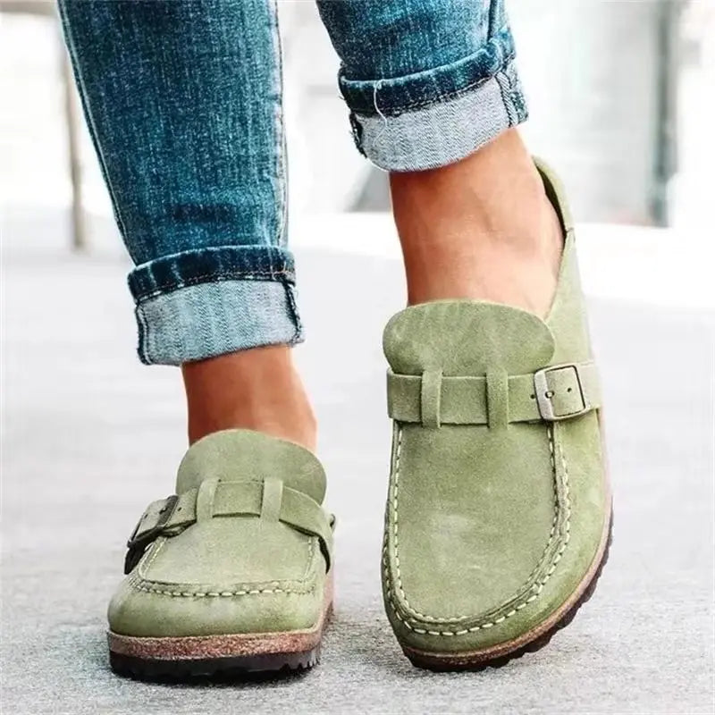 2026 New Women's Shoes Slip on Female Flats Durable Belt Buckles Mules Fashion Wear Resistant Women Half Slippers Retro Zapatos
