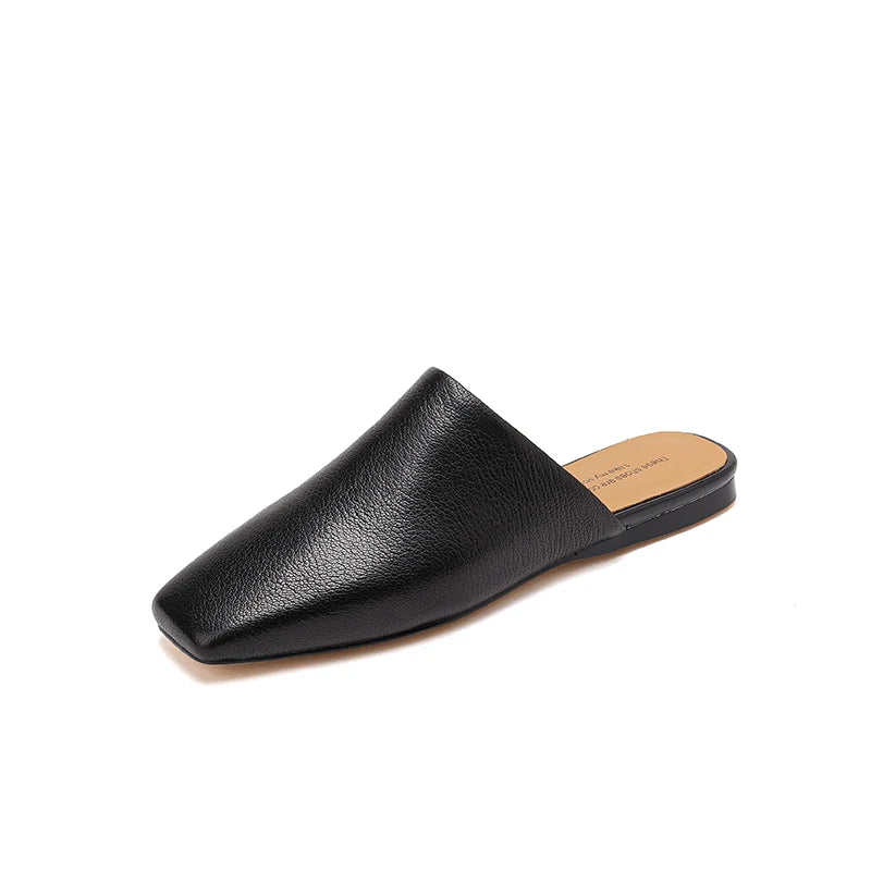 2026 Summer Women Shoes Square Toe Flat Shoes Slippers Fashion Cowhide Leather Shoes for Women Casual Mules for Women Sandals