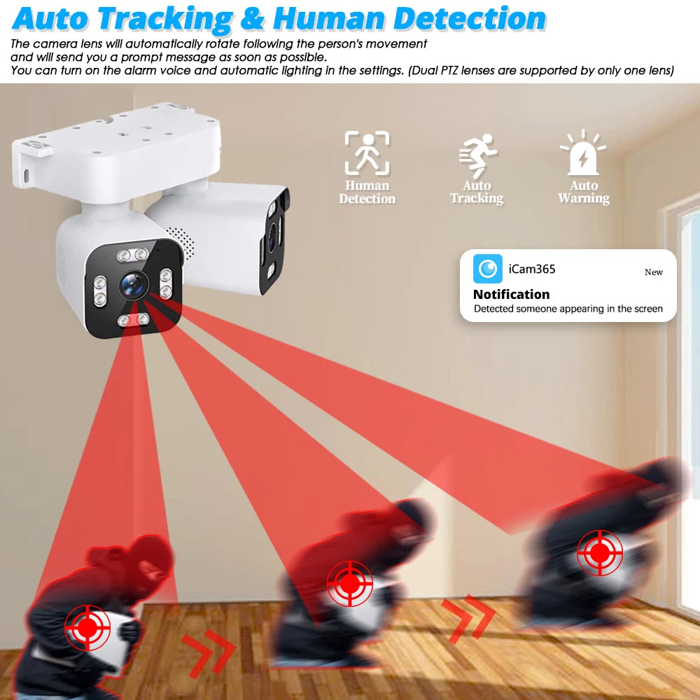 Security WIFI Camera Outdoor IP66 Waterproof Dual Lens HD 8MP 4K 10X Zoom WiFi CCTV Night Vision Two-Way Intercom  ICam365 APP