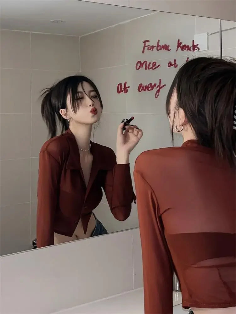 Streetwear Shirts for Women Turn-down Collar Young Students Fashion Clothing All-match Spring Summer Tops Sheer Thin Ins 2025