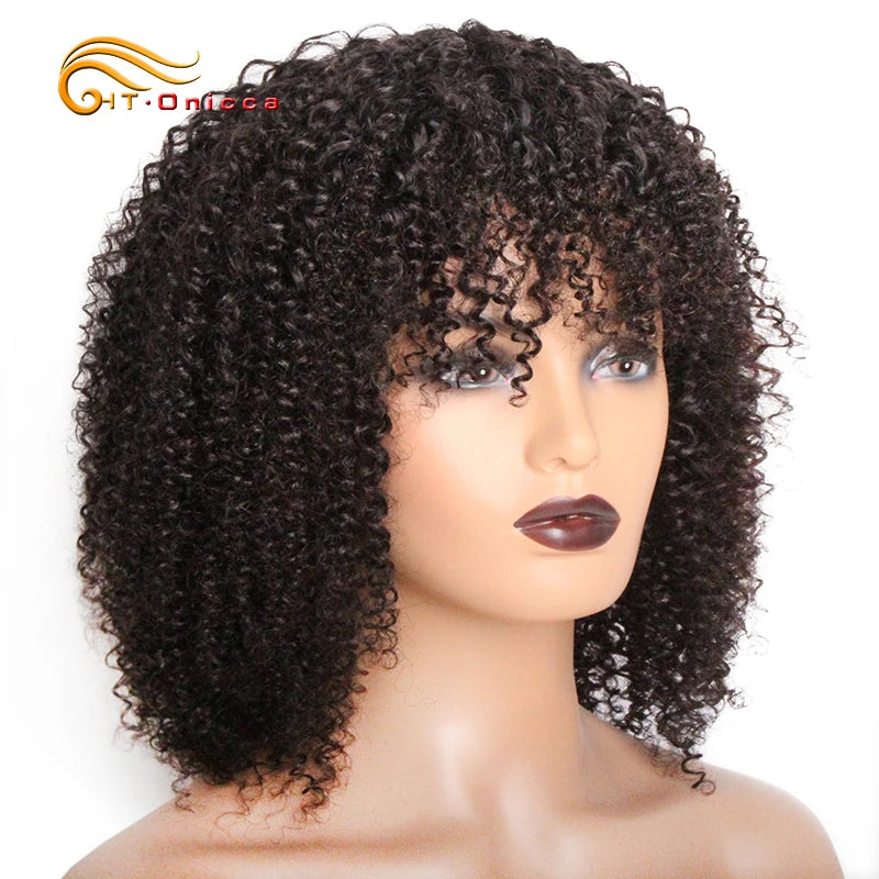 Short Curly Human Hair Wigs for Black Women Natural Color Kinky Curly Wigs with Bangs Brazilian Remy Hair Short Bob Wigs