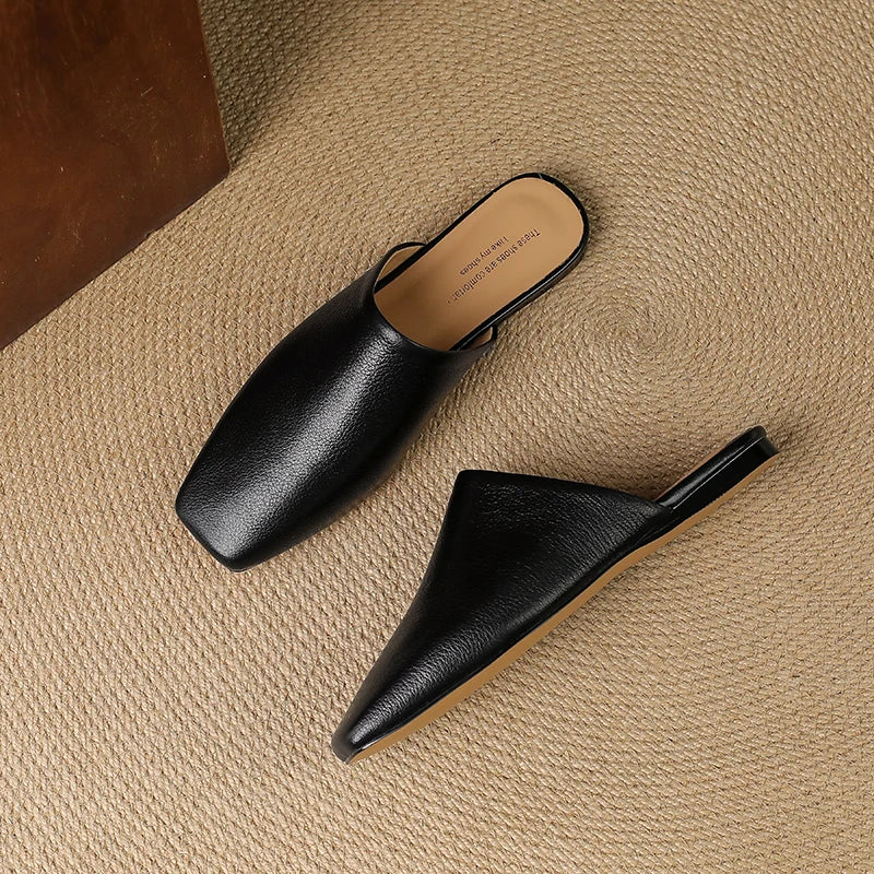 2026 Summer Women Shoes Square Toe Flat Shoes Slippers Fashion Cowhide Leather Shoes for Women Casual Mules for Women Sandals