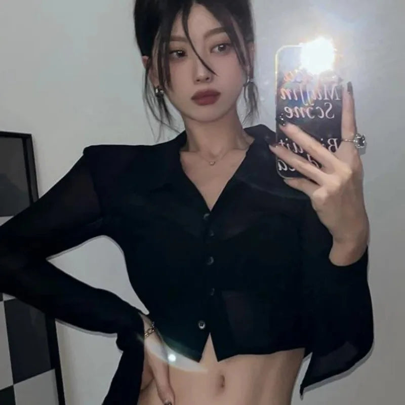 Streetwear Shirts for Women Turn-down Collar Young Students Fashion Clothing All-match Spring Summer Tops Sheer Thin Ins 2025