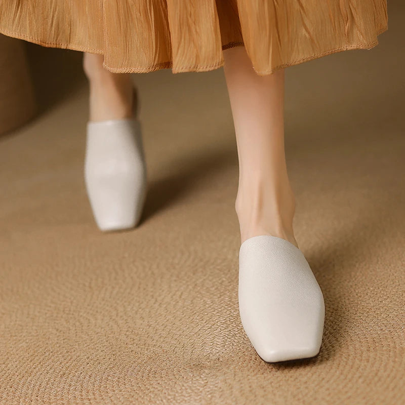 2026 Summer Women Shoes Square Toe Flat Shoes Slippers Fashion Cowhide Leather Shoes for Women Casual Mules for Women Sandals