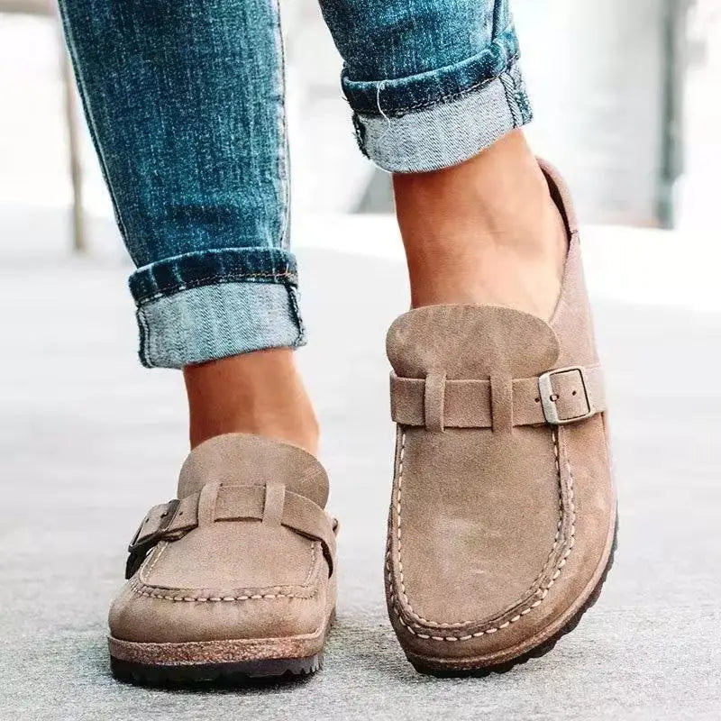 2026 New Women's Shoes Slip on Female Flats Durable Belt Buckles Mules Fashion Wear Resistant Women Half Slippers Retro Zapatos