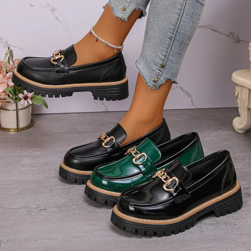 2026 Female Shoes Women Fashion Janes Round Toe Flats Loafers Oxfords Platform Casual Metal Chain Buckle Ladies Heels Black