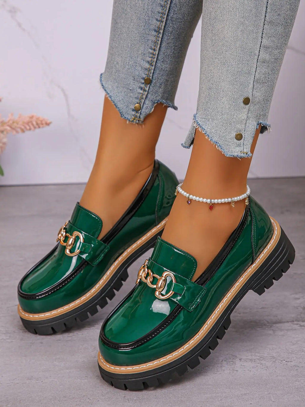 2026 Female Shoes Women Fashion Janes Round Toe Flats Loafers Oxfords Platform Casual Metal Chain Buckle Ladies Heels Black