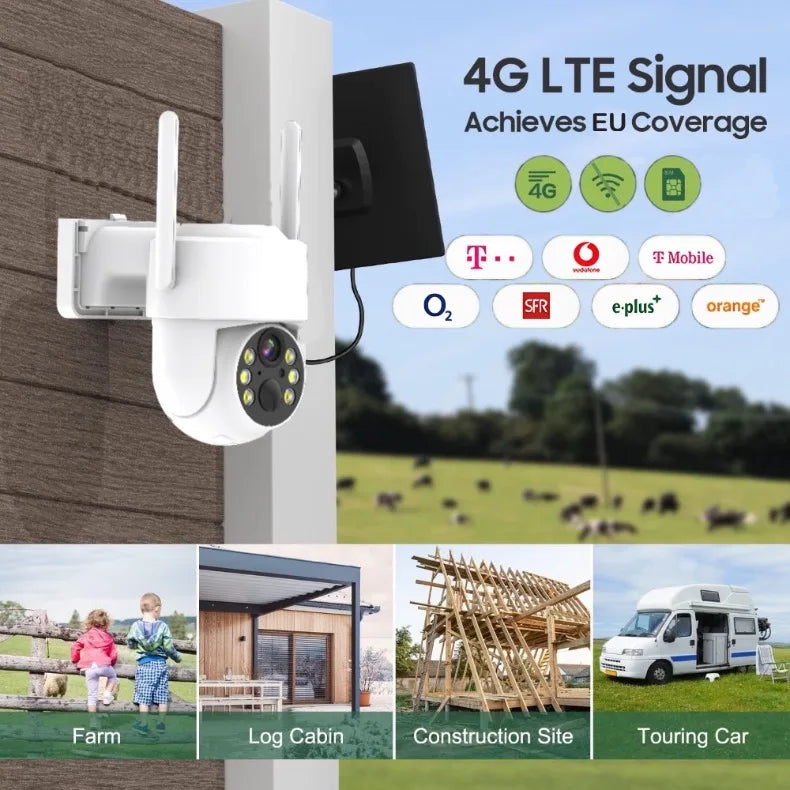 4G LTE Cellular Security Camera  For Achieves EU Coverage 2K Solar Powered Battery Cameras 355°PTZ Color Night Vision