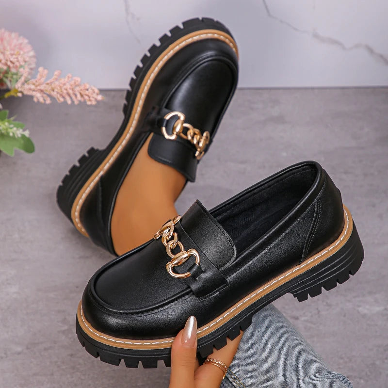 2026 Female Shoes Women Fashion Janes Round Toe Flats Loafers Oxfords Platform Casual Metal Chain Buckle Ladies Heels Black