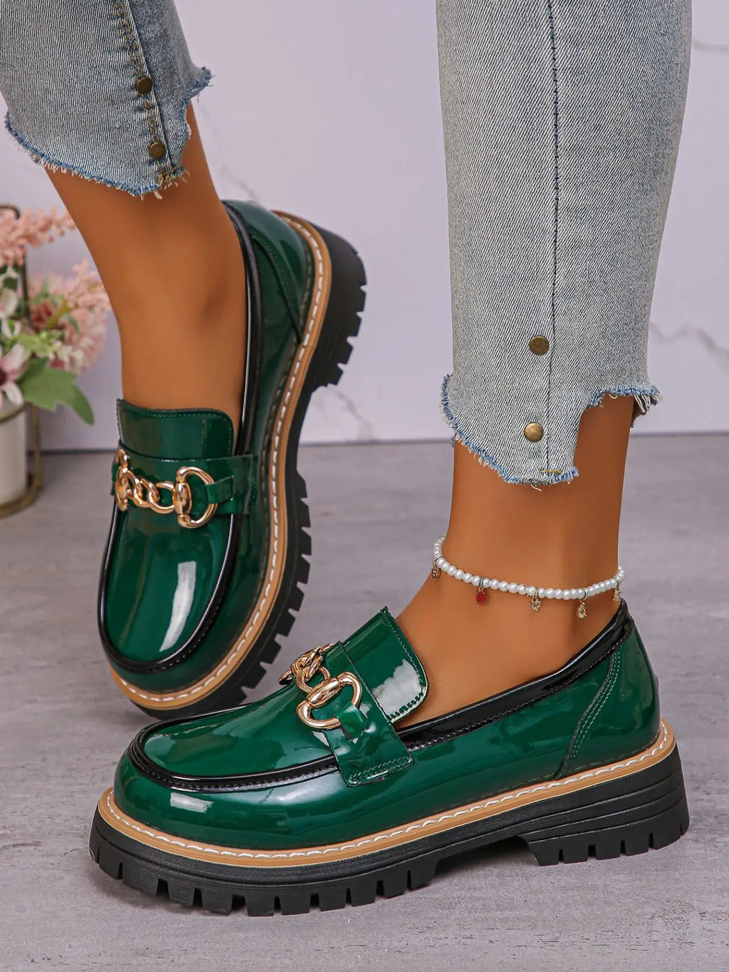 2026 Female Shoes Women Fashion Janes Round Toe Flats Loafers Oxfords Platform Casual Metal Chain Buckle Ladies Heels Black