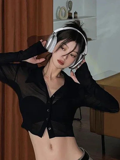 Streetwear Shirts for Women Turn-down Collar Young Students Fashion Clothing All-match Spring Summer Tops Sheer Thin Ins 2025