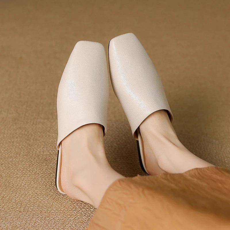 2026 Summer Women Shoes Square Toe Flat Shoes Slippers Fashion Cowhide Leather Shoes for Women Casual Mules for Women Sandals