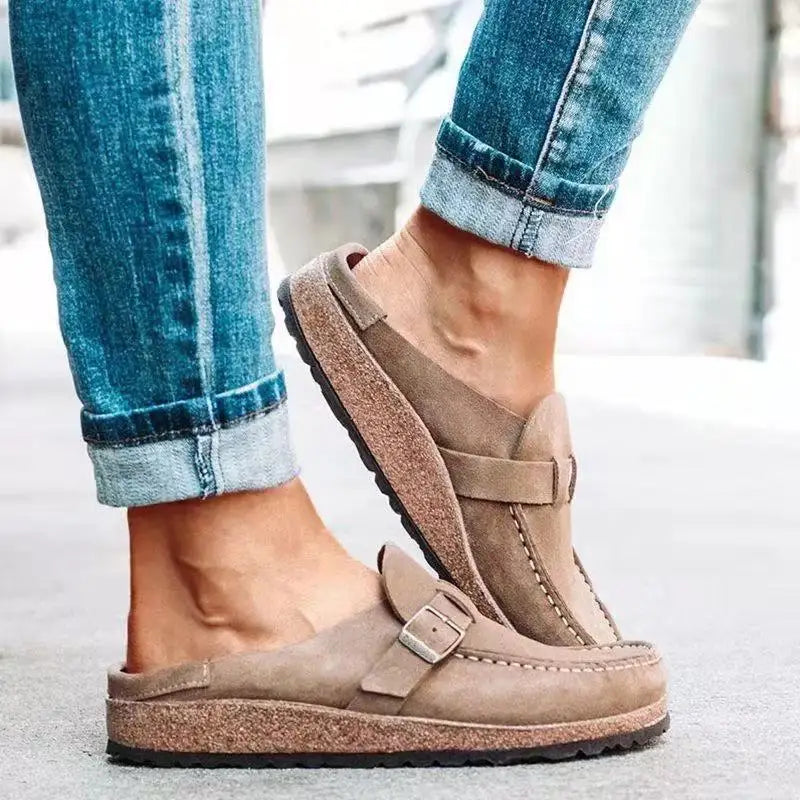 2026 New Women's Shoes Slip on Female Flats Durable Belt Buckles Mules Fashion Wear Resistant Women Half Slippers Retro Zapatos